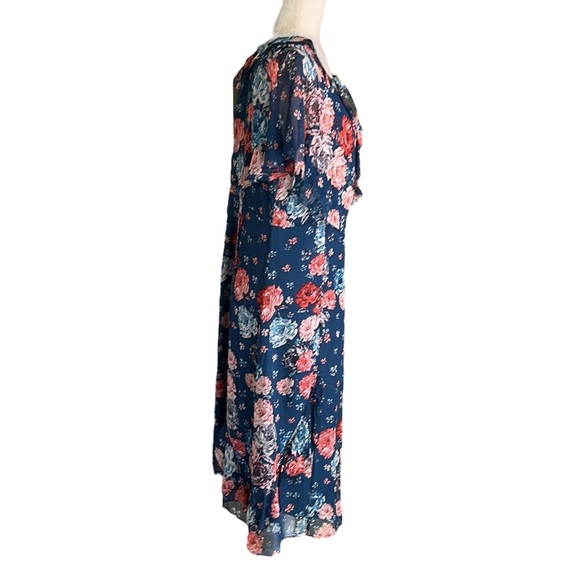 Sundance Silk Crinkly Chiffon Navy Blue Floral Print Ruffle Midi Dress - 14 - Picture 4 of 10
